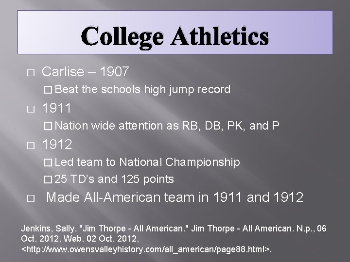 College Athletics � Carlise – 1907 � Beat � the schools high jump record