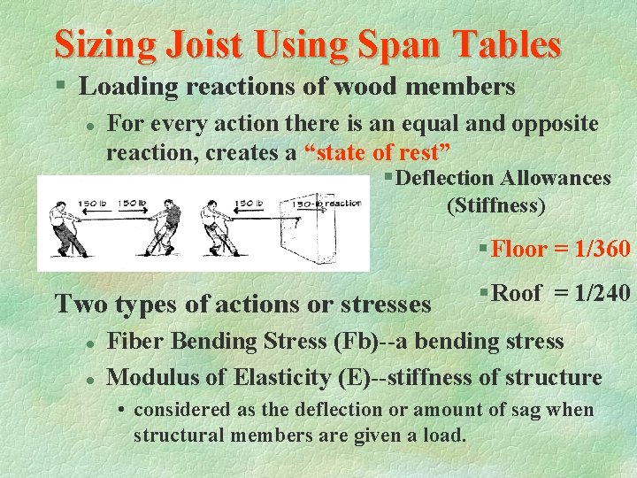 Sizing Joist Using Span Tables § Loading reactions of wood members l For every