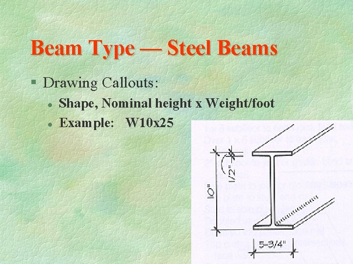 Beam Type — Steel Beams § Drawing Callouts: l l Shape, Nominal height x