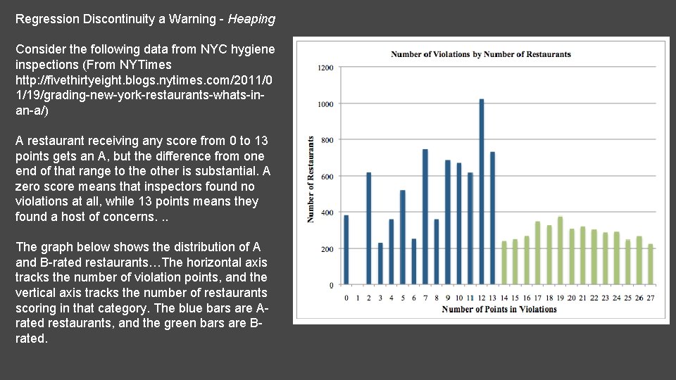 Regression Discontinuity a Warning - Heaping Consider the following data from NYC hygiene inspections