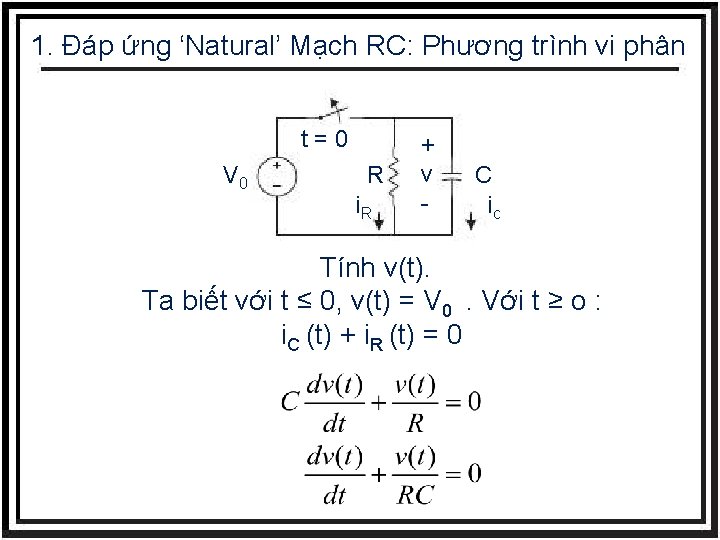 1. Đáp ứng ‘Natural’ Mạch RC: Phương trình vi phân t=0 V 0 ➢
