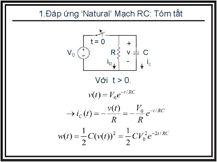 1. Đáp ứng ‘Natural’ Mạch RC: Tóm tắt t=0 V 0 ➢ T, R