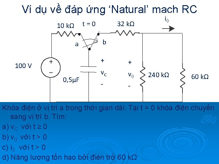 Ví dụ về đáp ứng ‘Natural’ mạch RC t=0 10 kΩ a 100 V