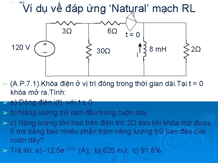 ➢ 20 A Ví dụ về đáp ứng ‘Natural’ mạch RL 3Ω 120 V
