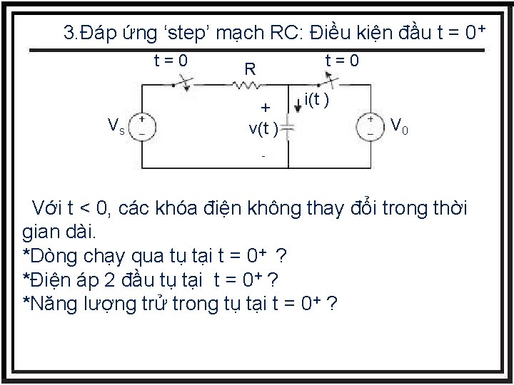 3. Đáp ứng ‘step’ mạch RC: Điều kiện đầu t = 0+ t=0 Vs