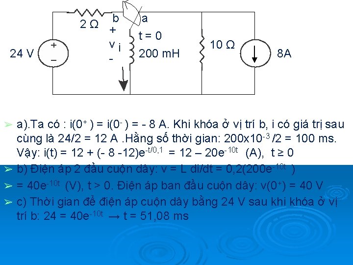 2Ω 24 V b + vi - a t=0 200 m. H 10 Ω