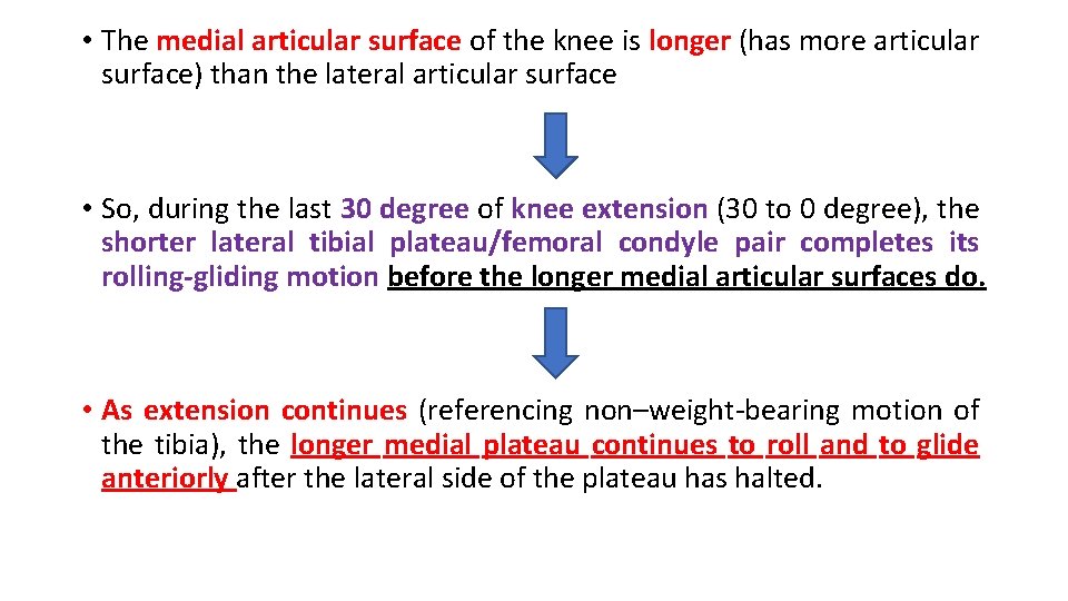  • The medial articular surface of the knee is longer (has more articular