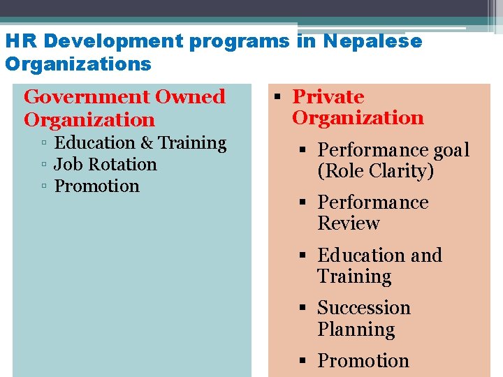 HR Development programs in Nepalese Organizations Government Owned Organization ▫ Education & Training ▫