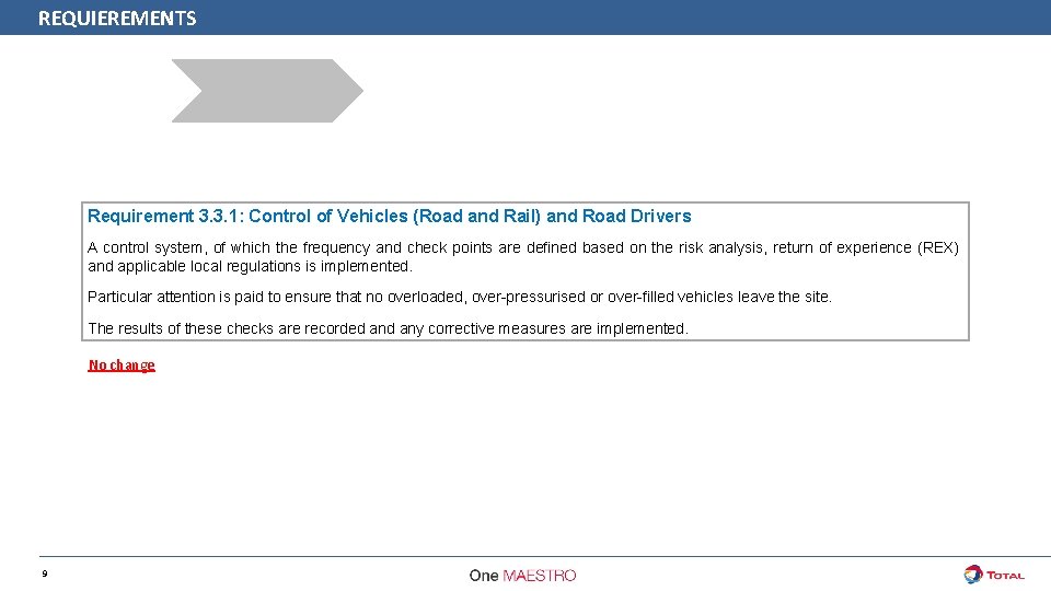 REQUIEREMENTS Requirement 3. 3. 1: Control of Vehicles (Road and Rail) and Road Drivers