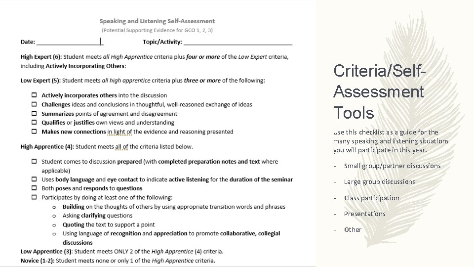 Criteria/Self. Assessment Tools Use this checklist as a guide for the many speaking and