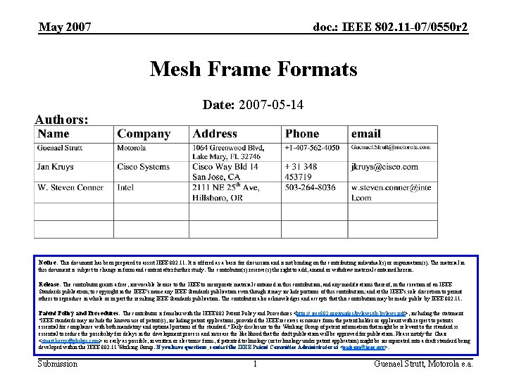 May 2007 doc. : IEEE 802. 11 -07/0550 r 2 Mesh Frame Formats Authors: