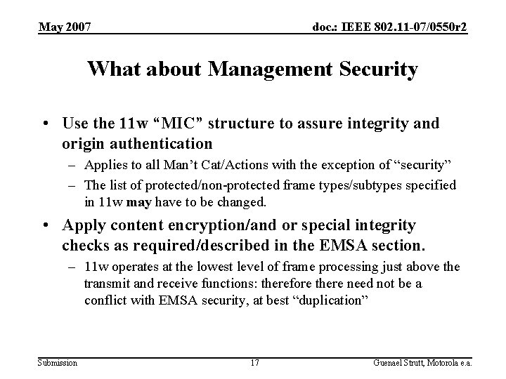 May 2007 doc. : IEEE 802. 11 -07/0550 r 2 What about Management Security