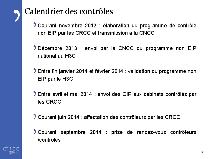 Calendrier des contrôles Courant novembre 2013 : élaboration du programme de contrôle non EIP