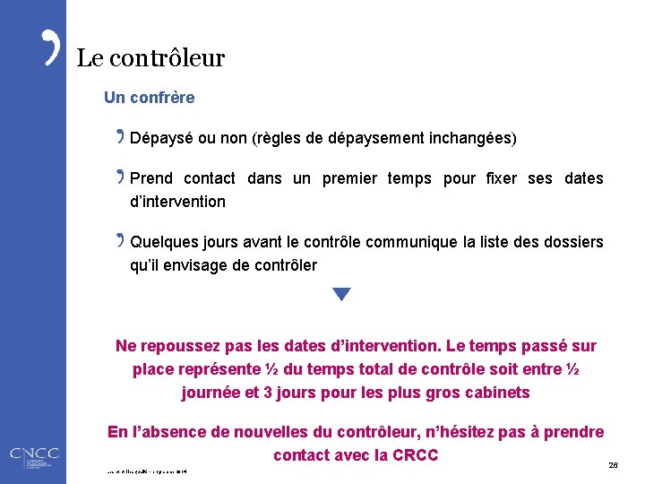 Le contrôleur Un confrère Dépaysé ou non (règles de dépaysement inchangées) Prend contact dans