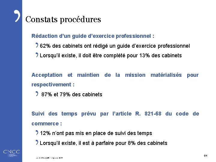 Constats procédures Rédaction d’un guide d’exercice professionnel : 62% des cabinets ont rédigé un