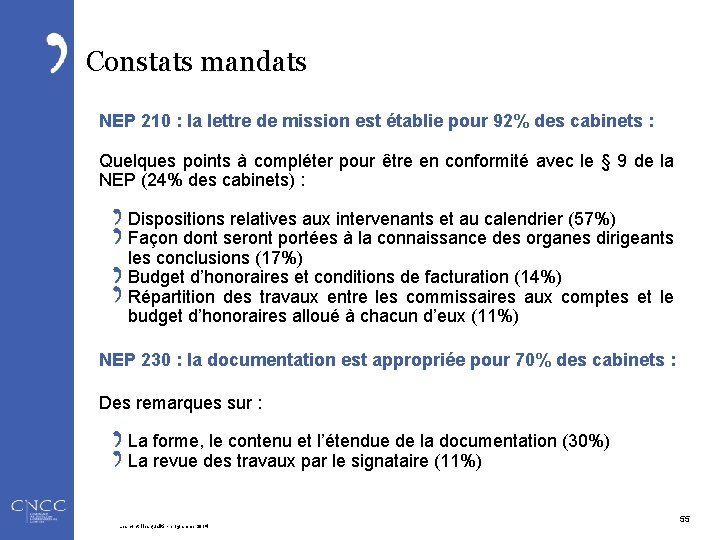 Constats mandats NEP 210 : la lettre de mission est établie pour 92% des