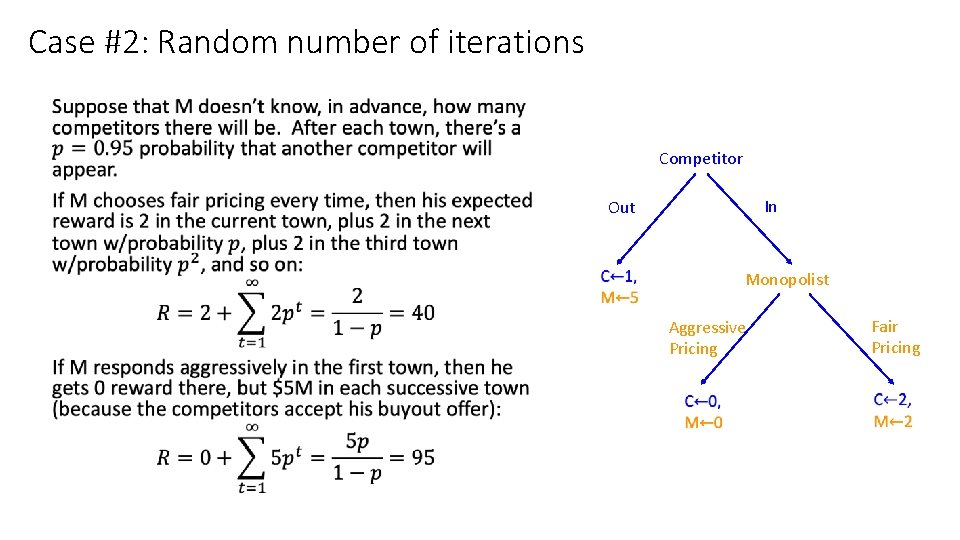 Case #2: Random number of iterations • Competitor In Out Monopolist Aggressive Pricing Fair