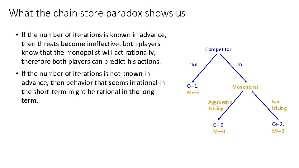 What the chain store paradox shows us • If the number of iterations is