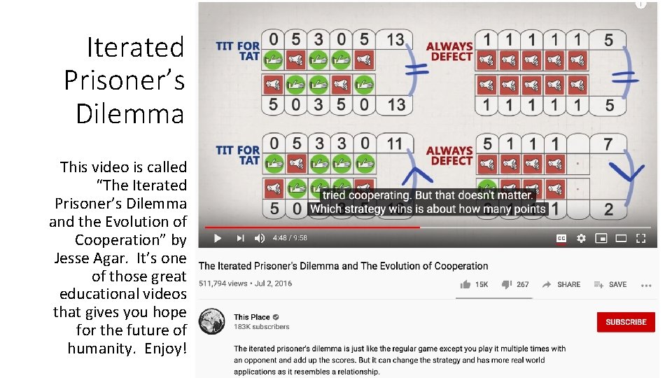 Iterated Prisoner’s Dilemma This video is called “The Iterated Prisoner’s Dilemma and the Evolution