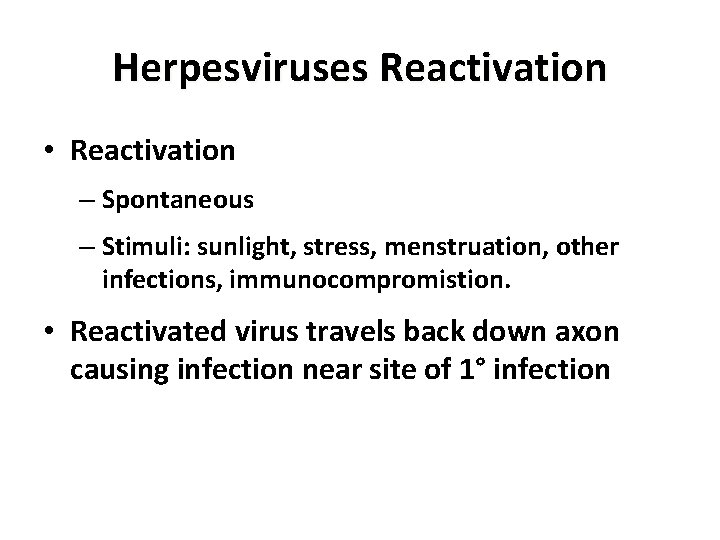 Herpesviruses Reactivation • Reactivation – Spontaneous – Stimuli: sunlight, stress, menstruation, other infections, immunocompromistion.