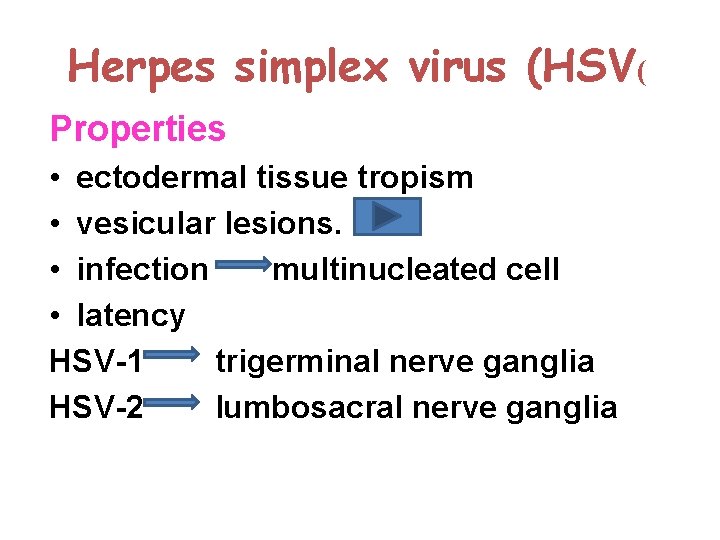 Herpes simplex virus (HSV( Properties • ectodermal tissue tropism • vesicular lesions. • infection