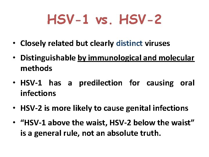 HSV-1 vs. HSV-2 • Closely related but clearly distinct viruses • Distinguishable by immunological