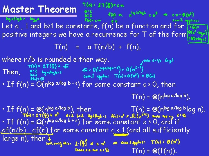 Master Theorem Let a ¸ 1 and b>1 be constants, f(n) be a function