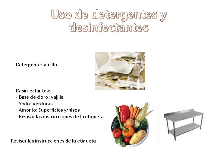 Uso de detergentes y desinfectantes Detergente: Vajilla Desinfectantes: - Base de cloro: vajilla -