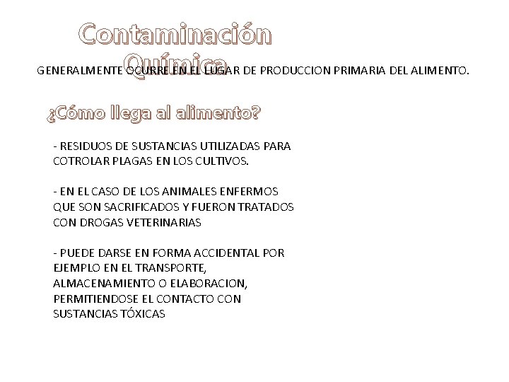 Contaminación GENERALMENTEQuímica OCURRE EN EL LUGAR DE PRODUCCION PRIMARIA DEL ALIMENTO. ¿Cómo llega al