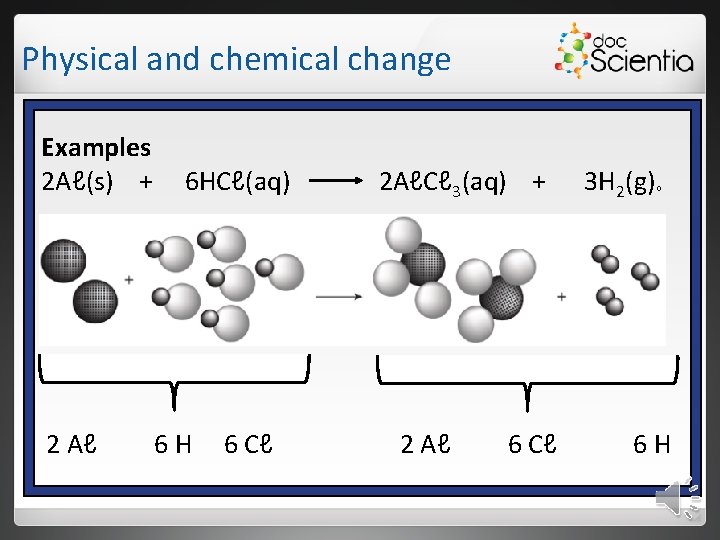 Physical and chemical change Examples 2 Aℓ(s) + 2 Aℓ 6 HCℓ(aq) 6 H