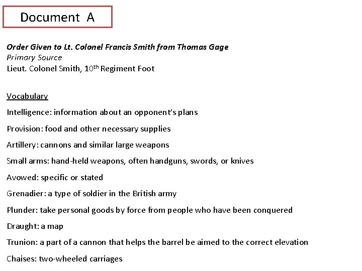 Document A Order Given to Lt. Colonel Francis Smith from Thomas Gage Primary Source