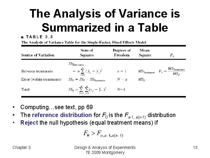 The Analysis of Variance is Summarized in a Table • Computing…see text, pp 69