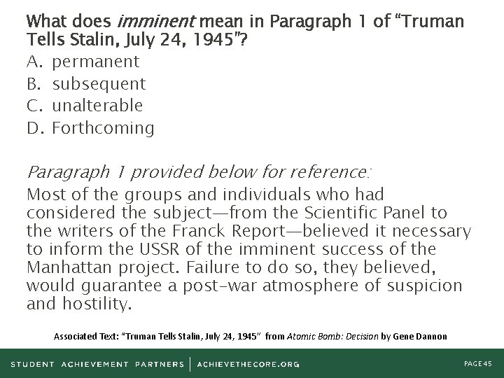 What does imminent mean in Paragraph 1 of “Truman Tells Stalin, July 24, 1945”?