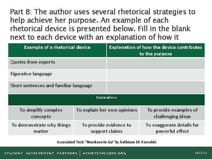Part B: The author uses several rhetorical strategies to help achieve her purpose. An