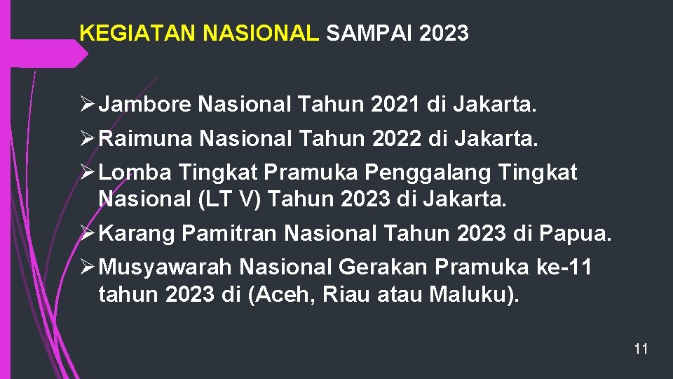 KEGIATAN NASIONAL SAMPAI 2023 Ø Jambore Nasional Tahun 2021 di Jakarta. Ø Raimuna Nasional