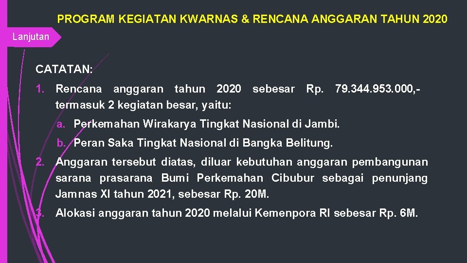 PROGRAM KEGIATAN KWARNAS & RENCANA ANGGARAN TAHUN 2020 Lanjutan CATATAN: 1. Rencana anggaran tahun
