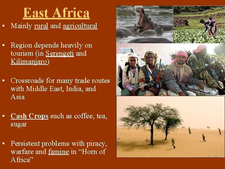 East Africa • Mainly rural and agricultural • Region depends heavily on tourism (in