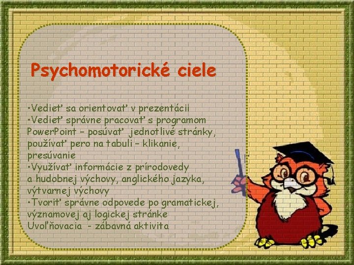 Psychomotorické ciele • Vedieť sa orientovať v prezentácii • Vedieť správne pracovať s programom