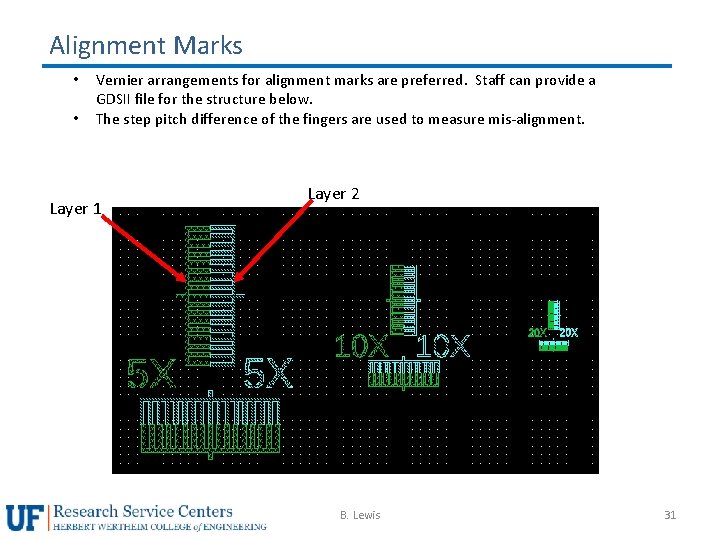 Alignment Marks • • Vernier arrangements for alignment marks are preferred. Staff can provide