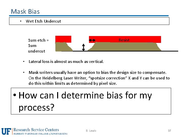 Mask Bias • Wet Etch Undercut Resist 1 um etch = 1 um undercut