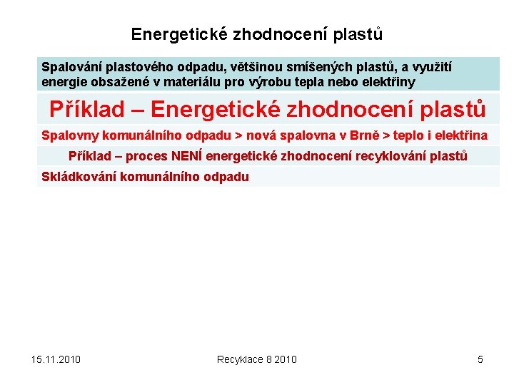 Energetické zhodnocení plastů Spalování plastového odpadu, většinou smíšených plastů, a využití energie obsažené v