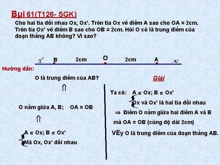 Bµi 61(T 126 - SGK) Cho hai tia đối nhau Ox, Ox’. Trên tia