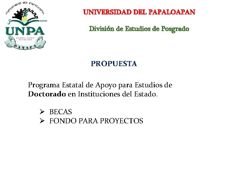 UNIVERSIDAD DEL PAPALOAPAN División de Estudios de Posgrado PROPUESTA Programa Estatal de Apoyo para