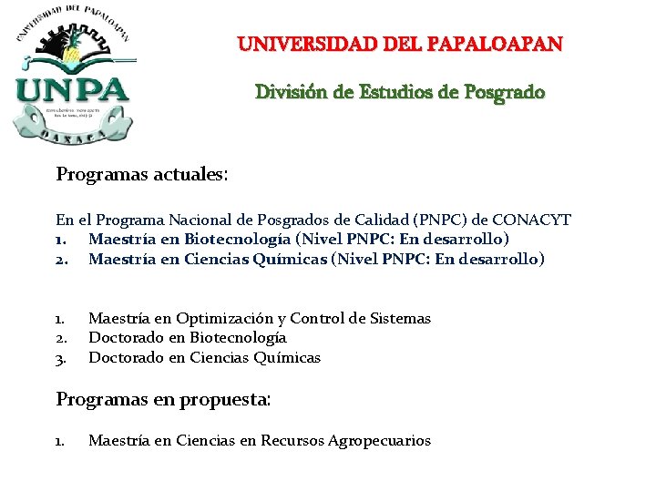 UNIVERSIDAD DEL PAPALOAPAN División de Estudios de Posgrado Programas actuales: En el Programa Nacional