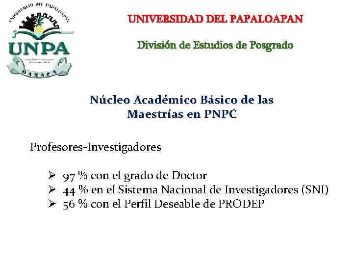 UNIVERSIDAD DEL PAPALOAPAN División de Estudios de Posgrado Núcleo Académico Básico de las Maestrías