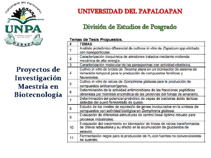 UNIVERSIDAD DEL PAPALOAPAN División de Estudios de Posgrado Proyectos de Investigación Maestría en Biotecnología