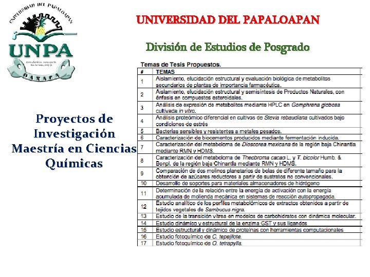 UNIVERSIDAD DEL PAPALOAPAN División de Estudios de Posgrado Proyectos de Investigación Maestría en Ciencias