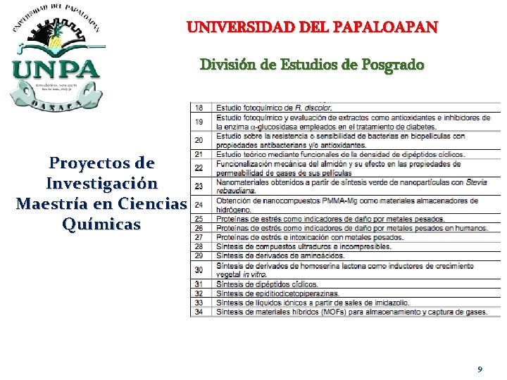 UNIVERSIDAD DEL PAPALOAPAN División de Estudios de Posgrado Proyectos de Investigación Maestría en Ciencias