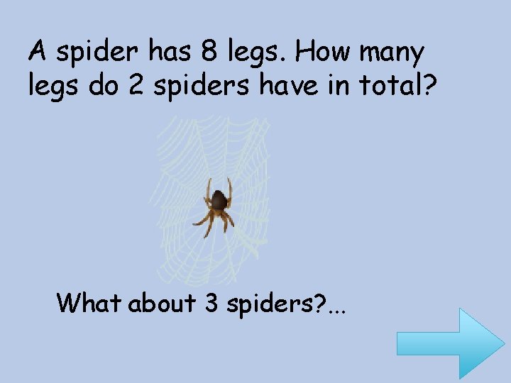 A spider has 8 legs. How many legs do 2 spiders have in total?