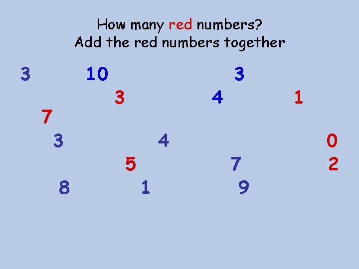 How many red numbers? Add the red numbers together 3 10 7 3 8